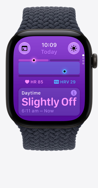 Apple Watch Series 12, aluminium case, black colour Vitals app, chart scoring health, current heart rate beats per minute, daytime reading indicates vitals slightly off, Braided Solo Loop band, navy blue color