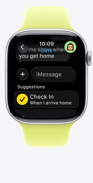 Apple Watch Series 11, aluminium case, silver colour, Check In suggestion in iMessage, Sport Band, neon yellow colour