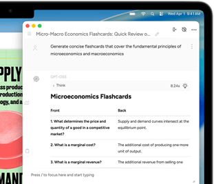 MacBook Air екран, показващ правене на флаш карти по микро и макроикономика с Apple Intelligence Инструменти за писане
