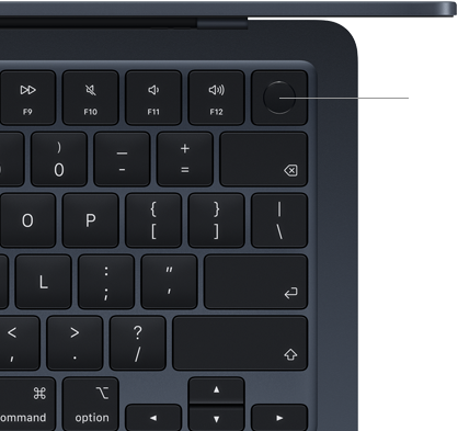 MacBook Air клавиатура, отгоре вдясно, показваща къде точно се намира бутонът Touch ID