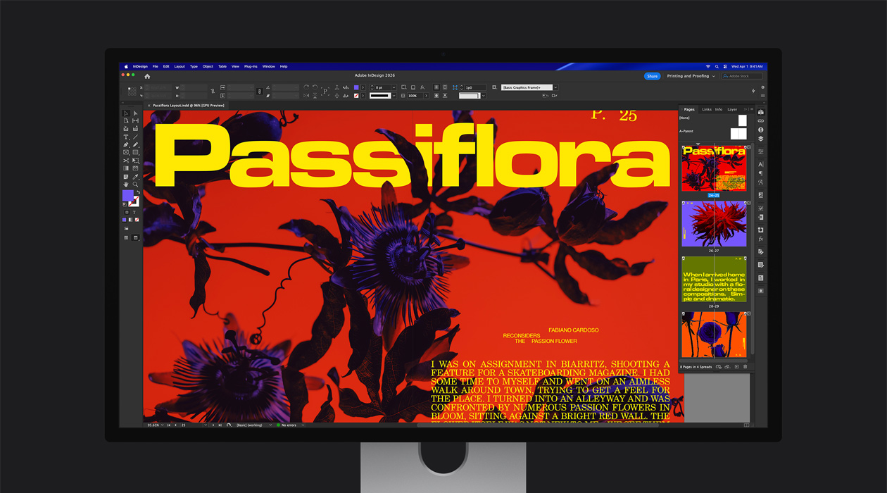 В Adobe InDesign 2026 файл ярки страници от списание демонстрират P3 + Adobe RGB цветови пространства