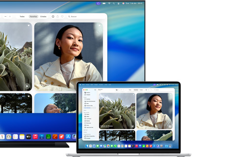 Mac compartilhando fotos com uma TV de tela plana usando o AirPlay da Apple.