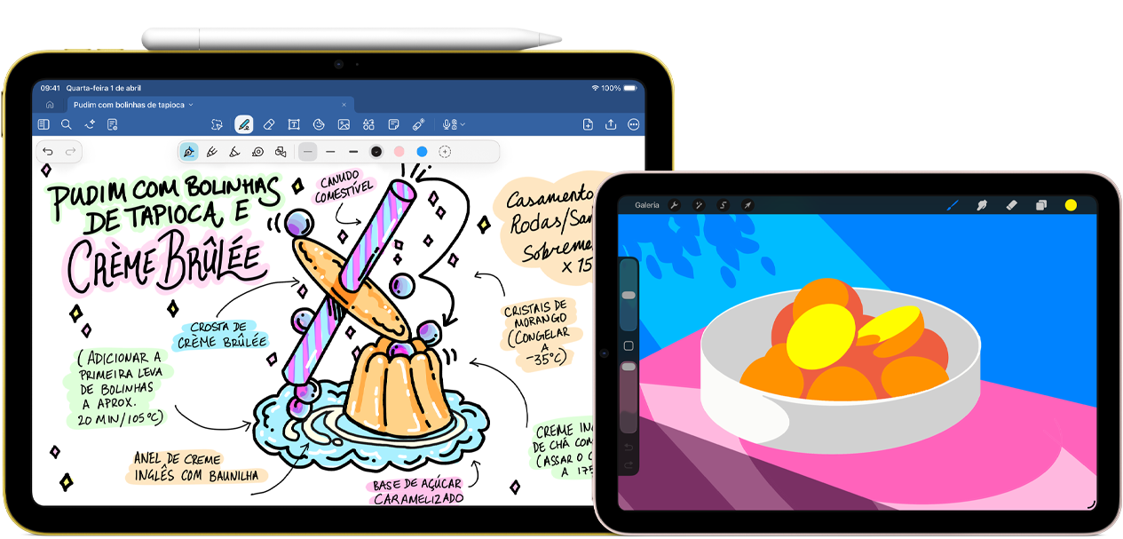 À esquerda, um iPad (10ª geração) na horizontal mostra uma ilustração com anotações e um desenho. O Apple Pencil (USB-C) está fixado na parte superior. À direita, um iPad mini na horizontal mostra uma ilustração colorida criada com o Procreate.