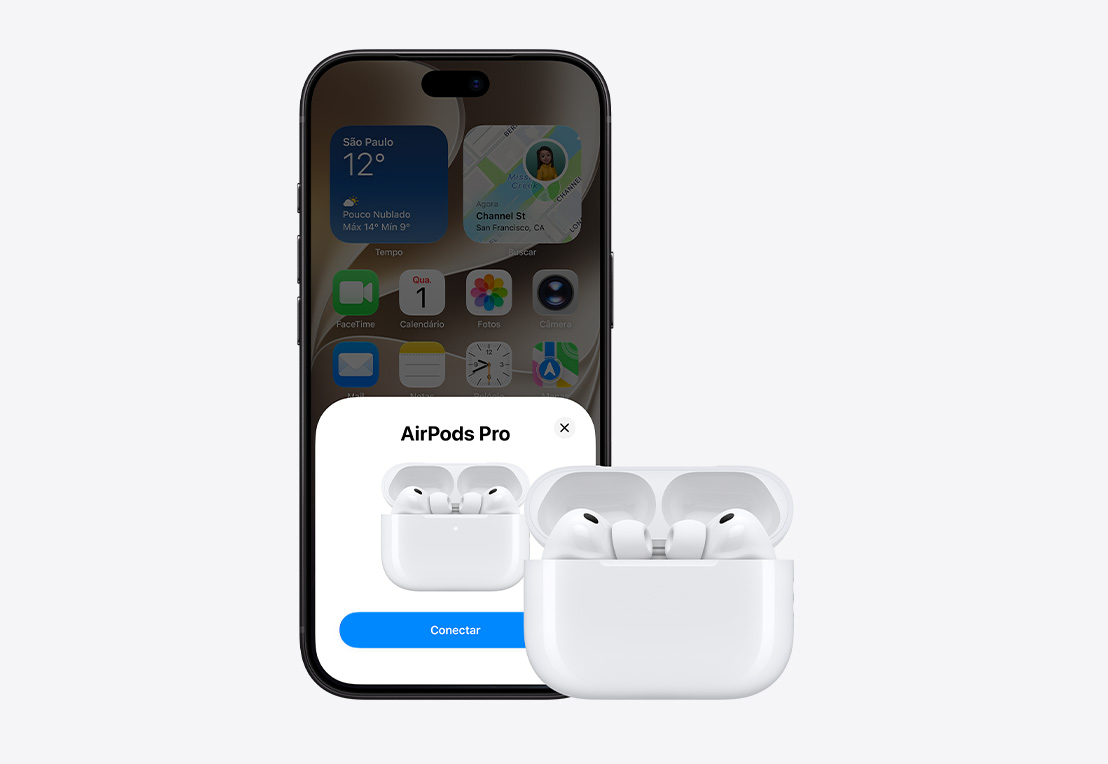 Parte da frente do iPhone 18 Pro com a Tela de Início aberta e uma notificação de conexão na tela ao lado dos AirPods Pro 3 no estojo de recarga MagSafe aberto