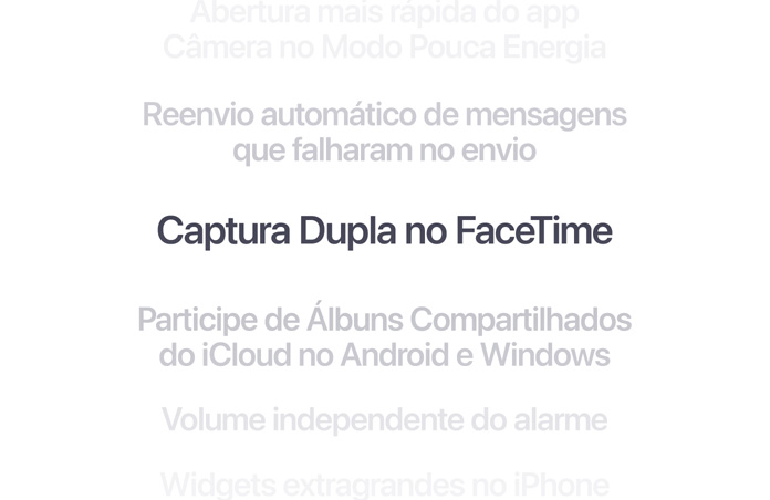 Lista vertical de recursos, com “Captura Dupla no FaceTime” em negrito no centro. Os recursos acima e abaixo aparecem esmaecidos ao fundo