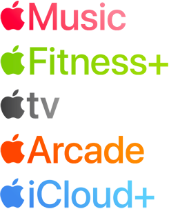 Uma lista de serviços Apple: Apple Music, Apple Fitness Plus, Apple TV Plus, Apple Arcade e Apple iCloud Plus