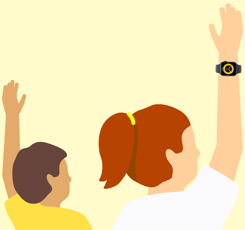 Two students from behind with their arms raised in class, one of them is wearing an Apple Watch