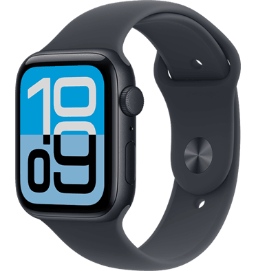 Apple Watch SE 3, aluminum case, midnight colour, Flux watch face, right side exterior, Digital Crown, microphone, side button, midnight Sport Band, silver pin-and-tuck closure