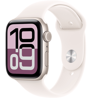 Apple Watch SE 3, aluminum case, starlight colour, Flux watch face, right side exterior, Digital Crown, microphone, side button, starlight Sport Band, silver pin-and-tuck closure