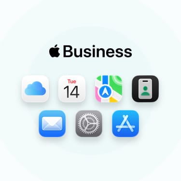 A lineup of business-related apps and tools including iCloud, Calendar, Maps, Apple Business, Mail, Settings and App Store.
