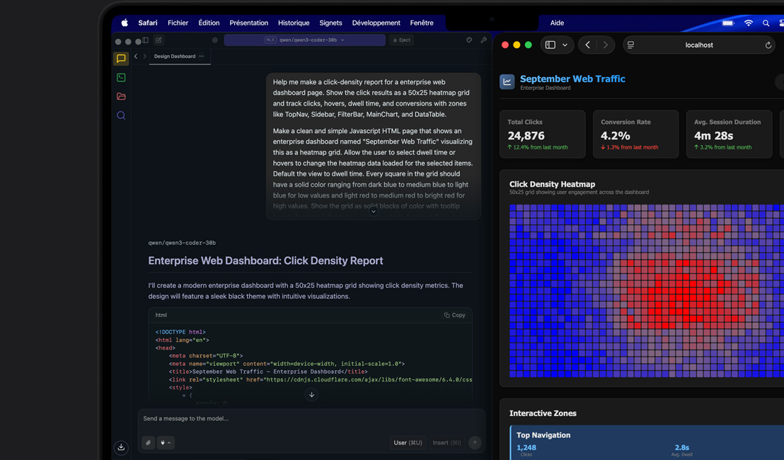 Outil de programmation alimenté par l’IA générant du code pour un tableau de bord web affiché dans Safari. À côté se trouve le tableau de bord montrant une carte d’intensité des clics et des données de trafic