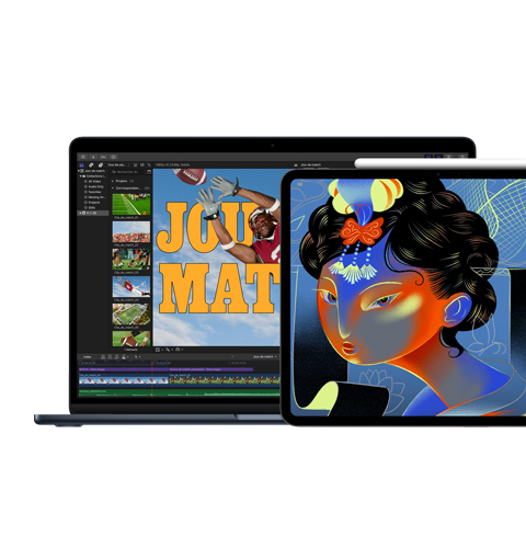 Écran de Mac affichant Final Cut Pro, écran d’iPad affichant Procreate Dreams