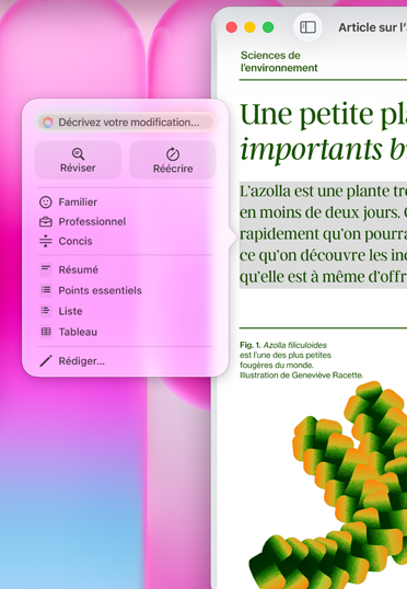 Un article dans Pages, avec une requête Apple Intelligence et des options permettant de résumer le texte surligné, de le rendre plus concis et plus encore.