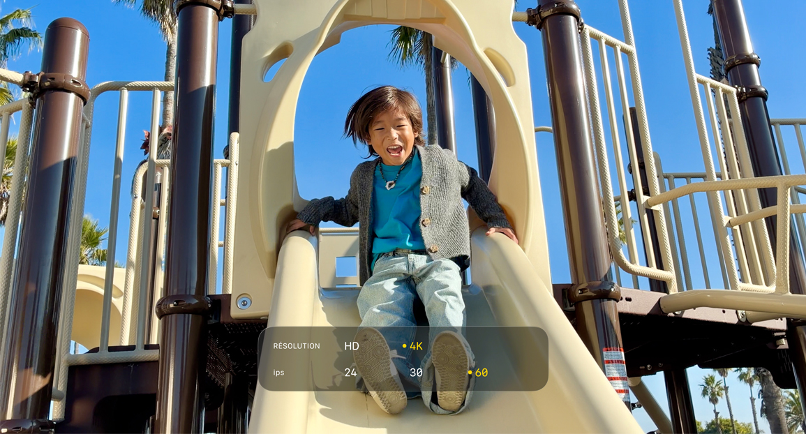 Image tirée d’une vidéo 4K montrant les options de capture vidéo, dont la définition et la fréquence d’images