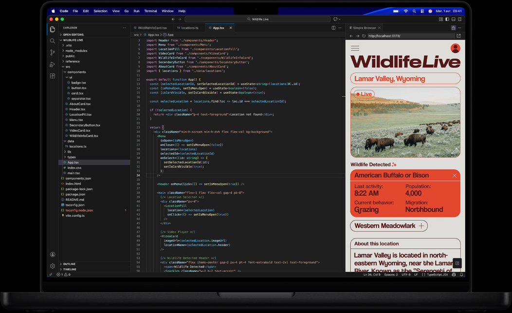 Écran de MacBook Pro montrant une personne qui programme une app à l’aide de Visual Studio Code