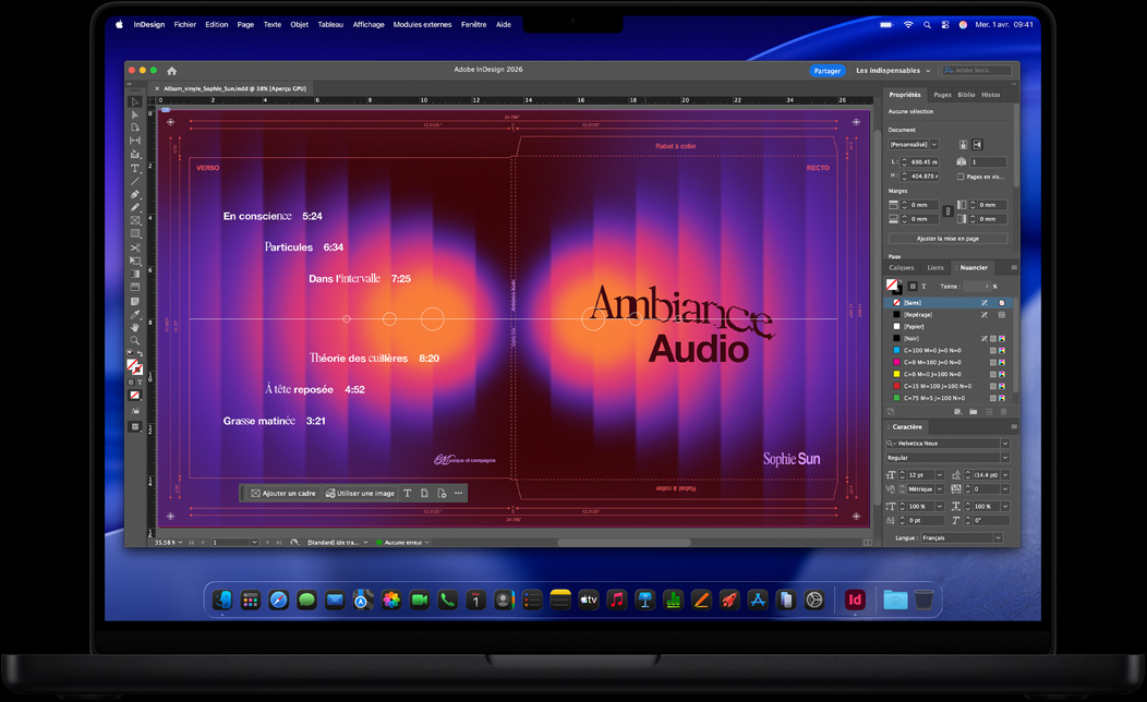 Écran d’un MacBook Pro montrant la création d’une pochette de disque dans Adobe InDesign