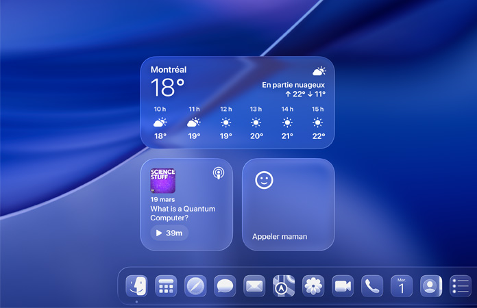 Widgets Météo, Balados et Rappels en Liquid Glass sous macOS Tahoe