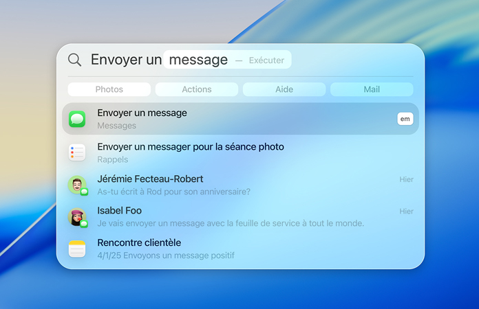 Exemples montrant l’utilisation de Spotlight pour envoyer des messages