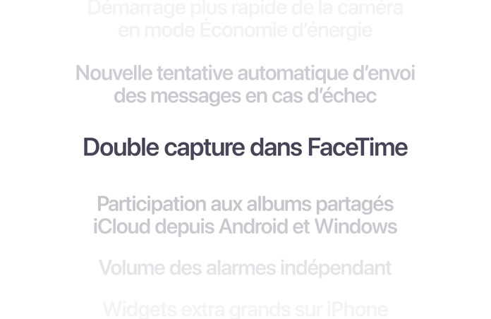 Liste verticale de caractéristiques, avec Double capture dans FaceTime en gras au centre. Au-dessus et en dessous, les autres caractéristiques de la liste se fondent progressivement dans l’arrière-plan.