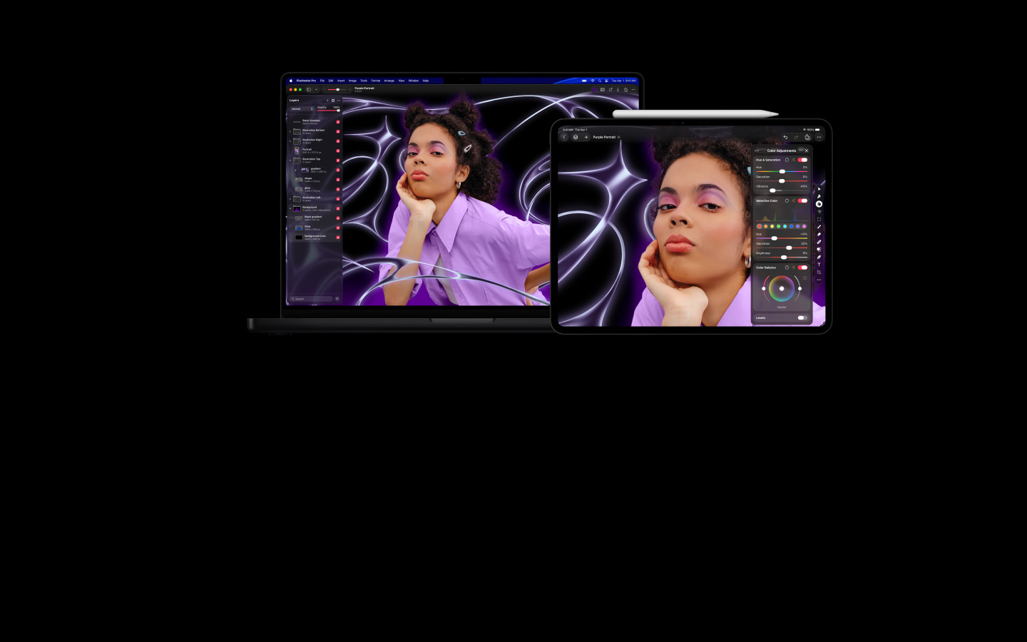 Image of a person with braids and wearing a purple sweater with a stylized abstract background, moves into MacBook Pro 16 and iPad Pro 13 devices, screens show the Pixelmator Pro workspace with Layers panel on the side, image editing