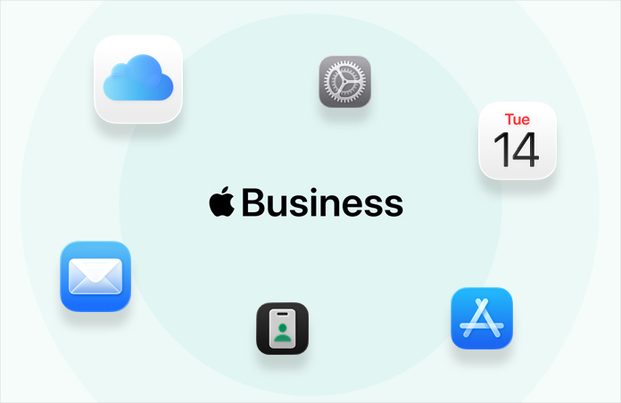 Una serie de apps y herramientas para empresas, incluidas iCloud, Calendario, Apple Business, Mail, Configuración y App Store