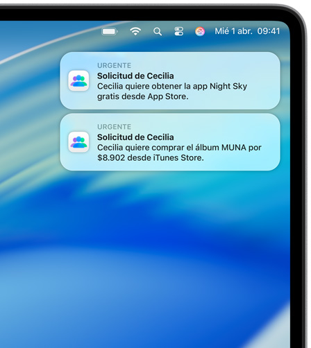 Dos notificaciones en macOS en la esquina superior derecha de la pantalla de un Mac, cada una con una solicitud de compra: la primera para Night Sky en el App Store y la segunda para el álbum de MUNA en el iTunes Store