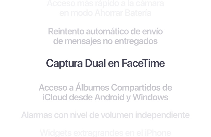 Una lista vertical de funcionalidades, con Captura Dual en FaceTime en negrita en el centro. Las demás funcionalidades se desvanecen en segundo plano por encima y por debajo.