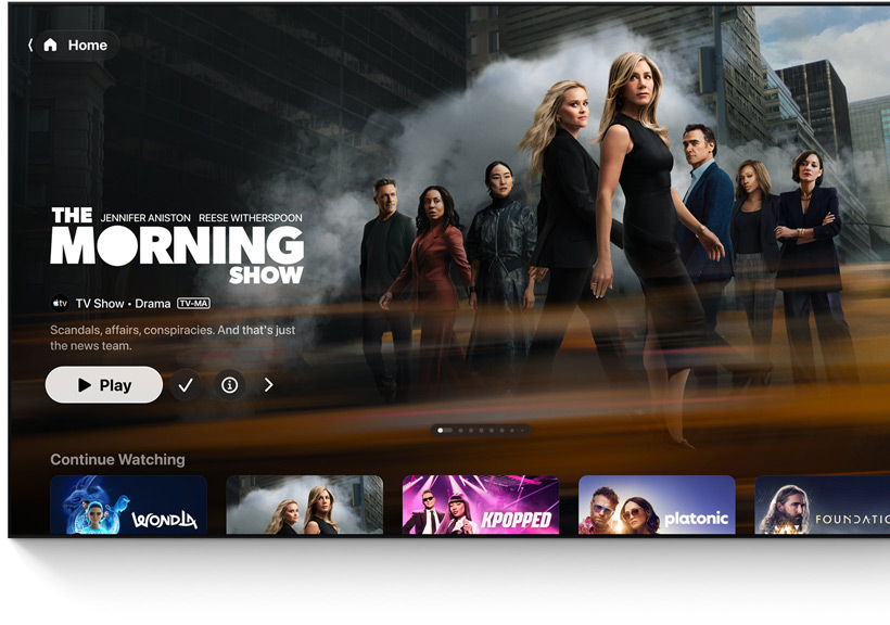 Plochá televize se zobrazeným prostředím výchozí obrazovky aplikace Apple TV