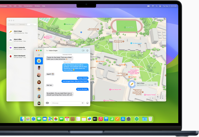 Aplikace Najít otevřená na MacBooku Air