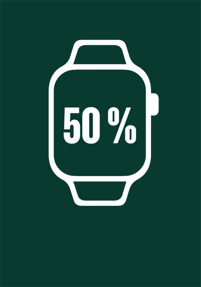 Ilustrace Apple Watch, zelená barva se sníží na polovinu, což znázorňuje 50 procent