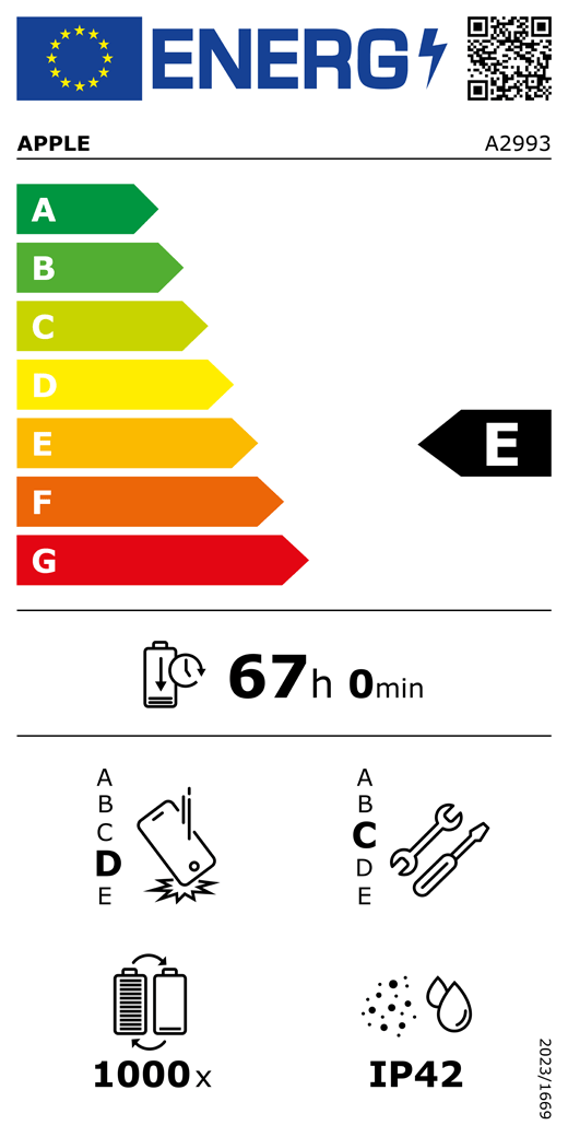 QR kód a informace na energetickém štítku EU, model Apple A2993, třída E, třídy energetické účinnosti (se stupnicí od A do G), A (nejvyšší účinnost) až G (nejnižší účinnost), výdrž baterie na jeden cyklus, 67 hodin a 0 minut na plné nabití baterie, třída spolehlivosti při opakovaném volném pádu D, A (nejvyšší odolnost) až E (nejnižší odolnost), třída opravitelnosti C, A (nejlepší opravitelnost) až E (nejhorší opravitelnost), životnost baterie 1000 cyklů, stupeň ochrany proti vniknutí prachu a vody (IP) IP42, nařízení 2023/1669