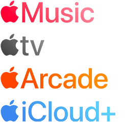 Logo služeb předplatného Apple včetně Apple Music, Apple TV, Apple Arcade, iCloud+