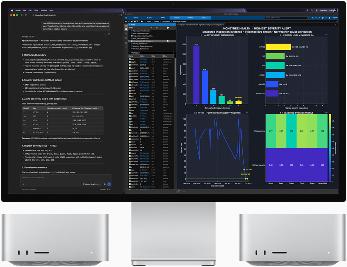 Studio Display XDR, na obrazovce jsou vidět data o zdraví medonosných včel v aplikacích LM Studio Bionic a MATLAB, Mac Studio, pohled zepředu