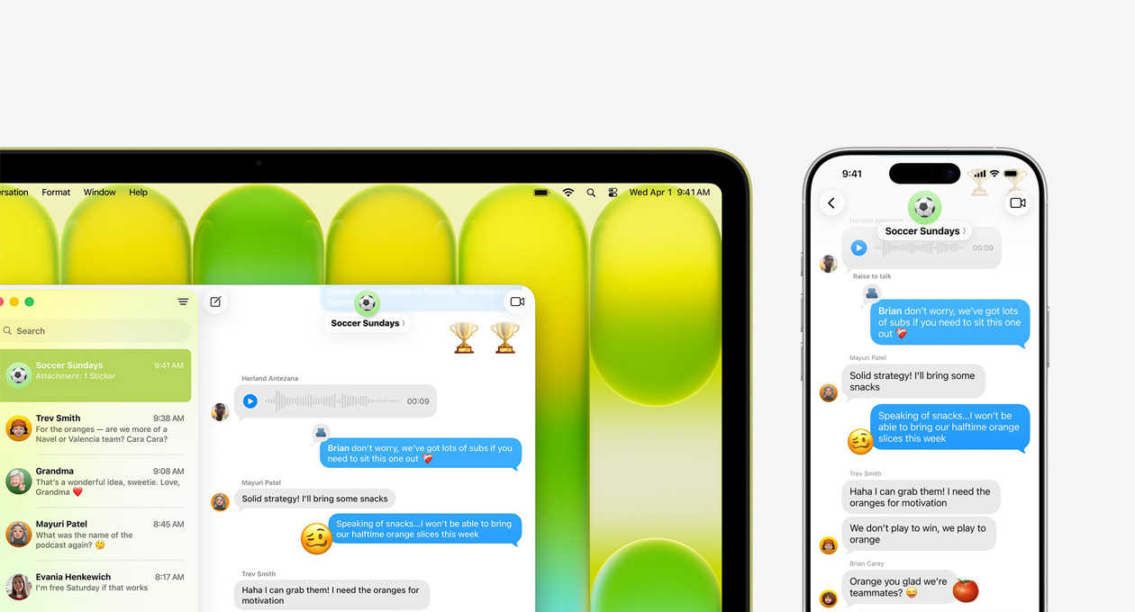 Na MacBooku Neo je vidět probíhající telefonní hovor a konverzace v aplikaci Zprávy o plánovaném skupinovém pěším výletu, na iPhonu vedle se zobrazuje stejná konverzace ve Zprávách