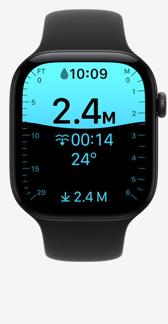 Apple Watch Series 12, pouzdro z černého hliníku, obrazovka aplikace Hloubka, ponor do dvou a půl metru, černý sportovní řemínek