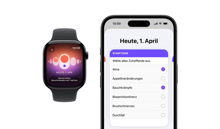 Apple Watch Series 11, Aluminiumgehäuse, Farbe poliertes Diamantschwarz, Sportarmband, Farbe Schwarz, Zyklusprotokoll App, Auswahl für tägliche Symptome auf gekoppeltem iPhone geöffnet