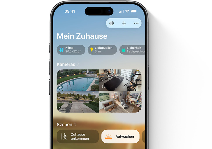 Ein iPhone, das die Benutzeroberfläche „Mein Zuhause“ in der Home App anzeigt
