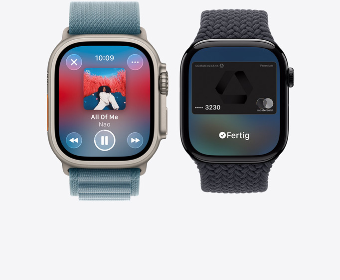 Apple Watch Ultra 3, Titangehäuse, Farbe Natur, Apple Music App, Display „Jetzt läuft“, Apple Watch Series 11, Aluminiumgehäuse, Farbe poliertes Diamantschwarz, Apple Pay Display, Apple Card
