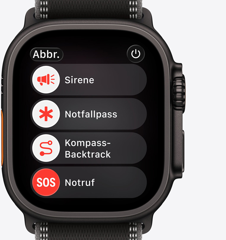 Apple Watch Ultra 3, Titangehäuse, Farbe Schwarz, Optionen für den Notruf auf dem Display: Sirene, Notfallpass, Kompass Backtrack, Notruf