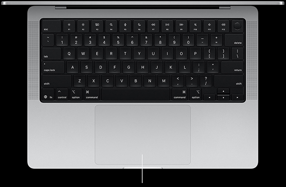 Ülalt alla vaade avatud 14-tollisest MacBook Pro mudelist, mis demonstreerib klaviatuuri all asuvat Force Touch puuteplaati