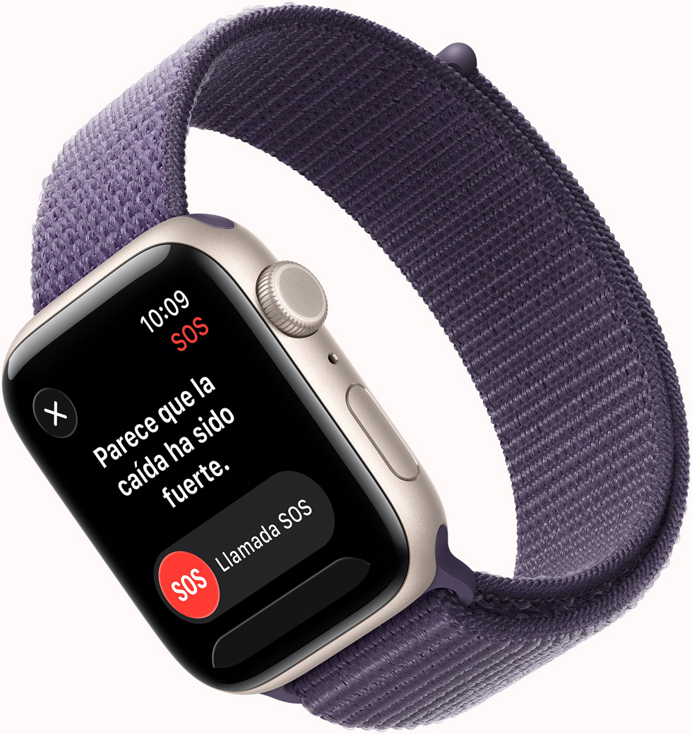 Apple Watch SE 3, caja de aluminio, color blanco estrella, notificación de llamada SOS de detección de caídas, botones de llamada de emergencia y Estoy bien, lateral derecho, Digital Crown, micrófono, botón lateral, correa Loop deportiva, color niebla lila