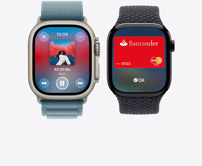 Apple Watch Ultra 3, caja de titanio, color natural, app Apple Music, pantalla En Reproducción, Apple Watch Series 11, caja de aluminio, color negro azabache pulido, pantalla de Apple Pay, Apple Card