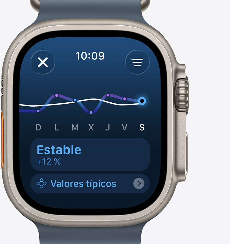 Apple Watch Ultra 3, caja de titanio, color natural, la pantalla de carga de ejercicio indica un aumento constante del nivel de entrenamiento