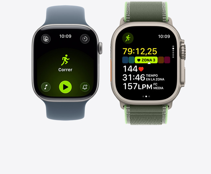 Apple Watch Series 11, caja de aluminio, color gris espacial, entreno Correr abierto con los controles de reproducción de Apple Music, Apple Watch Ultra 3, caja de titanio, color natural, entreno de running abierto, frecuencia cardiaca en la zona 3