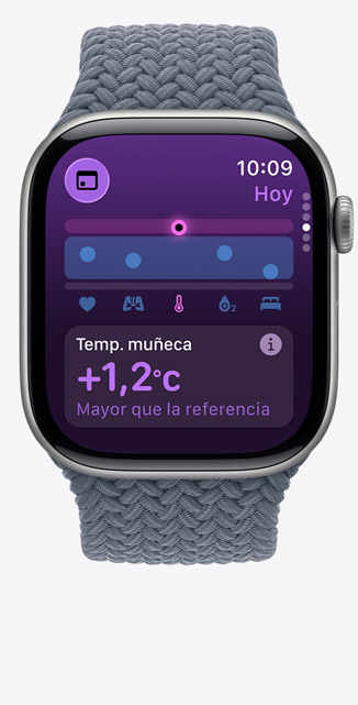 Apple Watch Series 11, caja de titanio, color pizarra, app Constantes Vitales, resumen de salud, notificación de temperatura de la muñeca por encima del valor de referencia, lateral derecho, Digital Crown, correa Solo Loop trenzada en azul náutico