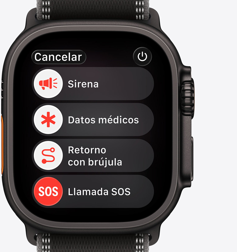Apple Watch Ultra 3, caja de titanio, color negro, opciones de asistencia en pantalla: sirena, Datos Médicos, Retorno con Brújula, llamada de emergencia