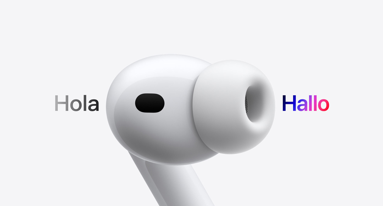 AirPods Pro 3, In‑Ear Kopfhörer mit Ohreinsatz aus Silikon, Live Übersetzung ändert Zeichen von Spanisch «Hola» zu Deutsch «Hallo»