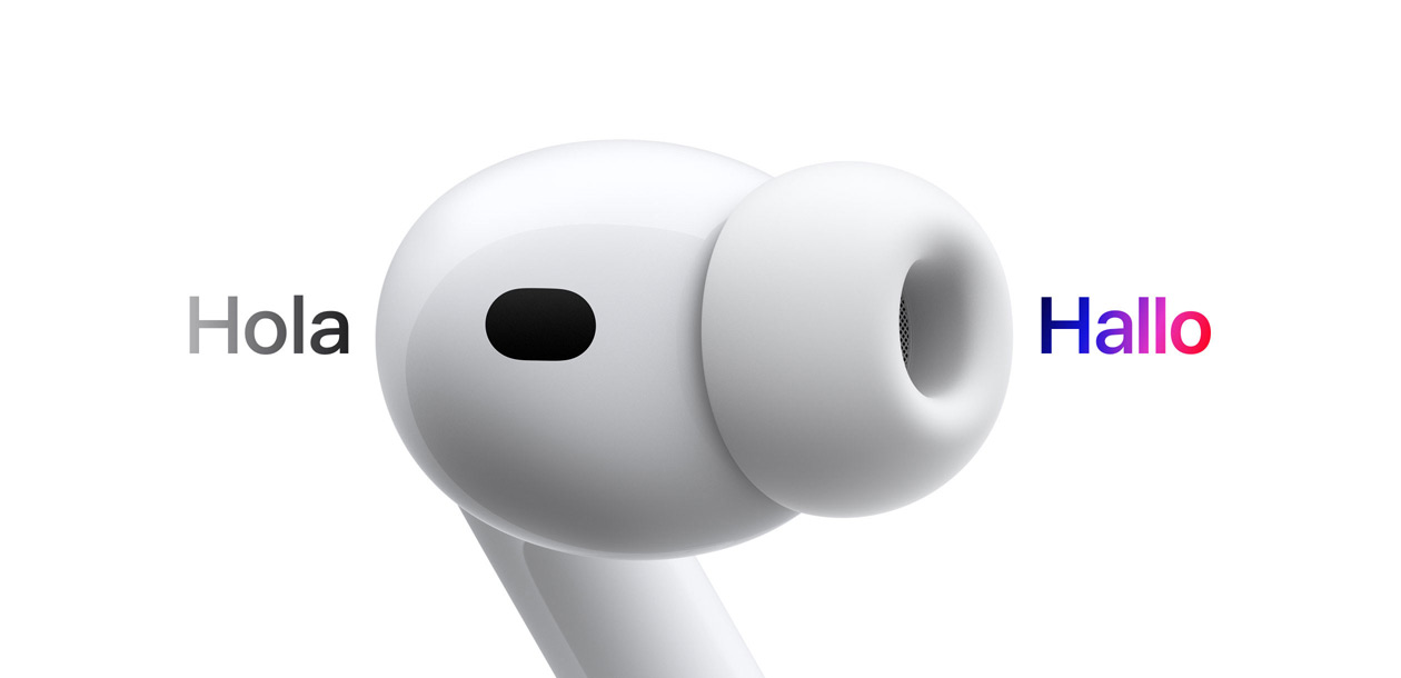 AirPods Pro 3, In‑Ear Kopfhörer mit Ohreinsatz aus Silikon, Live Übersetzung ändert Zeichen von Spanisch «Hola» zu Deutsch «Hallo»