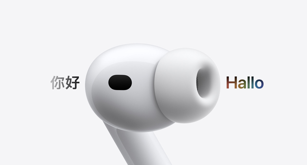 AirPods Pro 3, In‑Ear Kopfhörer mit Ohreinsatz aus Silikon, Live Übersetzung ändert Zeichen von Spanisch «Hola» zu Deutsch «Hallo»