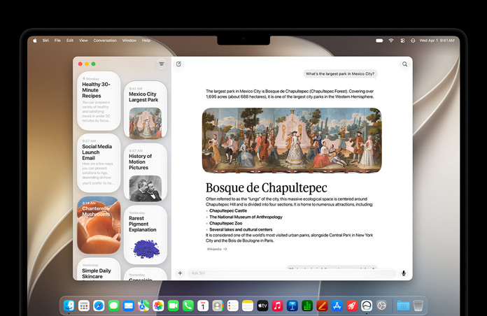 14" MacBook Pro i space black, skærmen viser Siri-appen med en aktiv Siri-AI-samtale og tidligere samtaler i indholdsoversigten.